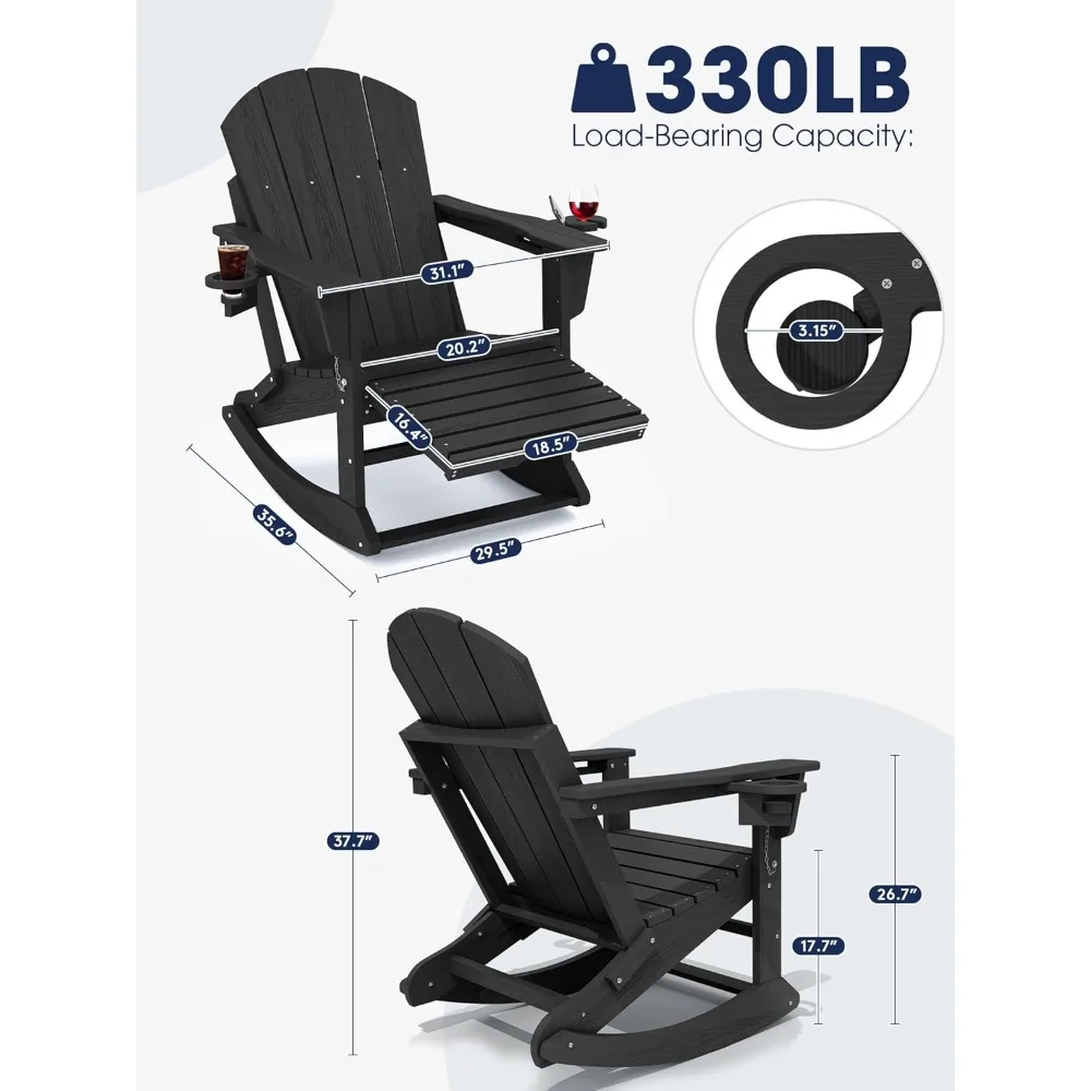 Set di 2 sedie a dondolo Adirondack con pouf retrattile e portabicchieri da patio per portico balcone nero HDPE