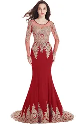 Sexy Mermaid Evening Dresses Gold Lace Appqulies O-Neck Tulle Long Sleeve Gowns Slim Floor Length Party Prom Dress With Train