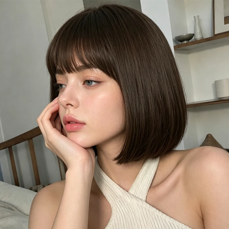 Dark Brown Bob Wig With Straight Bangs, Synthetic Short Hair, 12-Inch