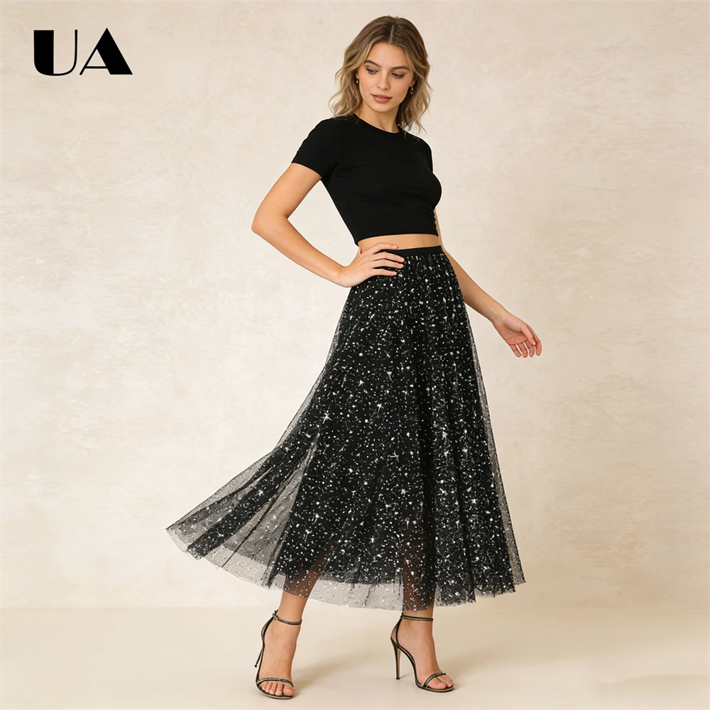 ULBYANRY Starry Sky Skirt Women's Autumn Winter A Line Skirts, Elastic Waist Puffy Skirts Sparkling Mesh Skirts