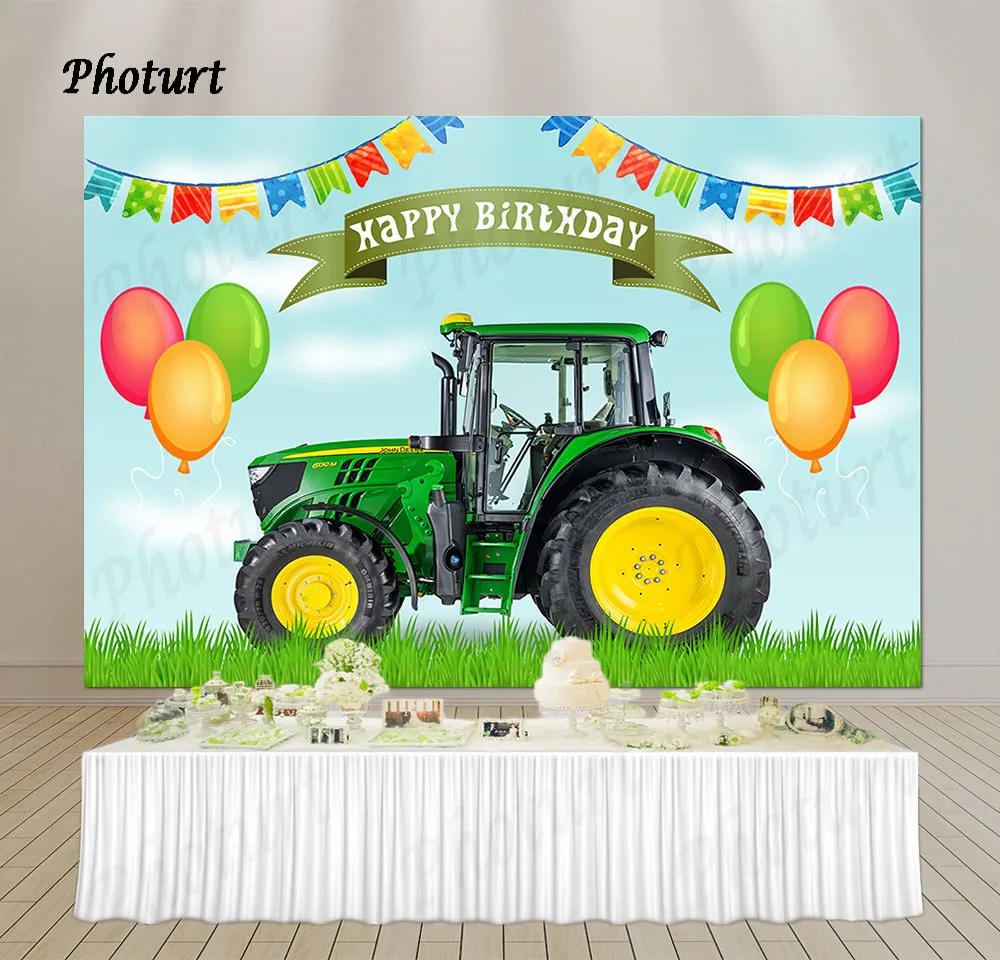 PHOTURT Green Tractor Truck Backdrop Boy Birthday Party Decor Background Color Balloon Vinyl Polyester Photography Props