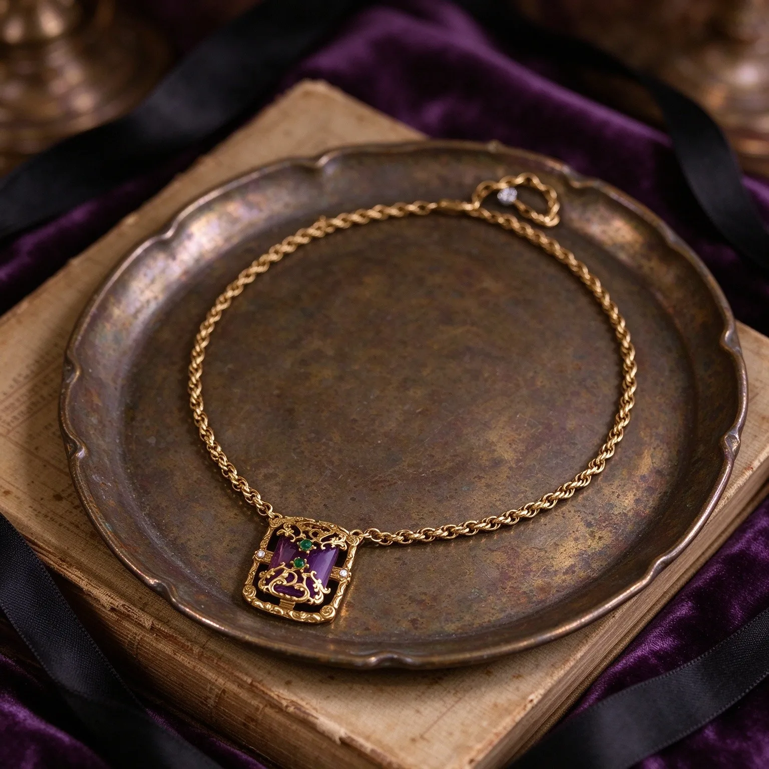 Fashion Vintage Purple Square Stone Gold Flower Necklace for  Women's gift Party  Jewelry Necklace