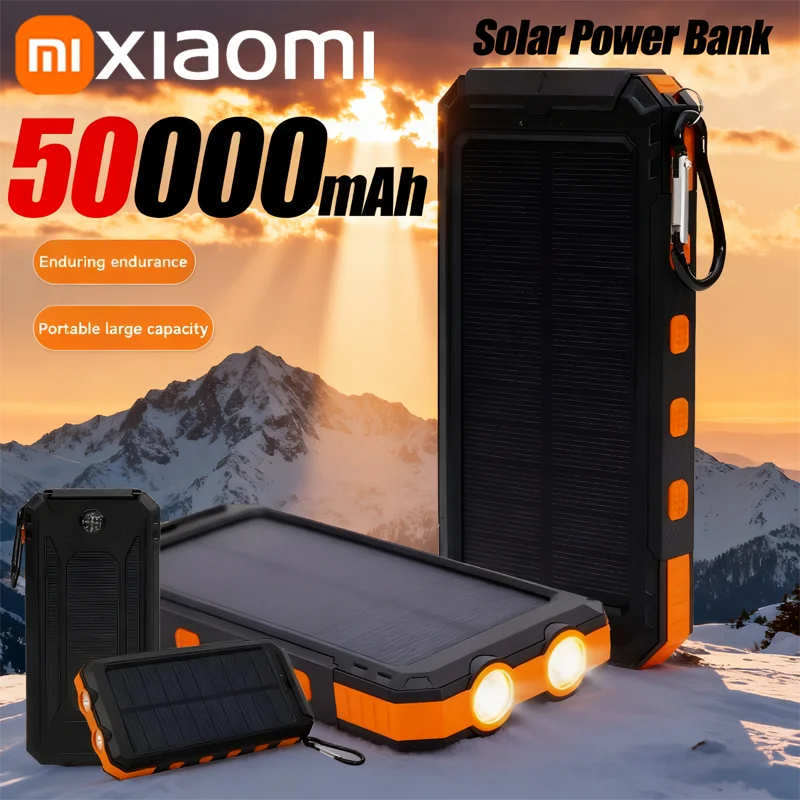 بنك طاقة يعمل بالطاقة الشمسية بقدرة 50000 مللي أمبير في الساعة، سعة كبيرة، شحن سريع، شاحن محمول، بوصلة، بطارية خارجية، طاقة احتياطية خارجية
