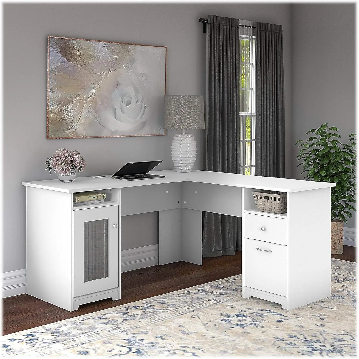 Bush Furniture Cabot L Shaped Computer Desk In White | Corner Table With Drawers And Storage For Personal Home Office Workspace