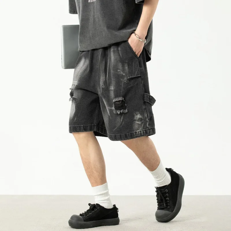 

Men Ripped Holes Denim Shorts Knee Length Shorts Distressed Straight Jeans Spliced Patchwork Pockets Loose Male Summer Casual