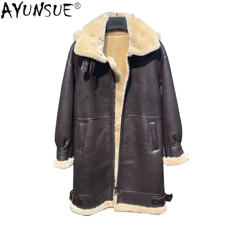 AYUNSUE รองเท้าหนังแท้สตรีแจ็คเก็ตยาว Hooded Sheepskin Coat Original ธรรมชาติขนสัตว์จริงหนัง Jaqueta Feminina FCY