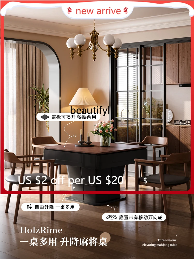 

G1218 Mahjong table, dining table, tea table, medium and ancient style light luxury multi-functional lifting automatic mahjong m