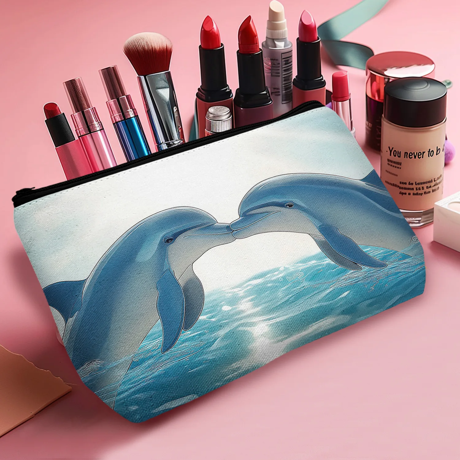 1Pc Blue Dolphin Makeup Bag Cute Small Organizer Bag With Zipper Lovely Dolphins Cosmetic Bag Birthday Gifts For Dolphin Lovers