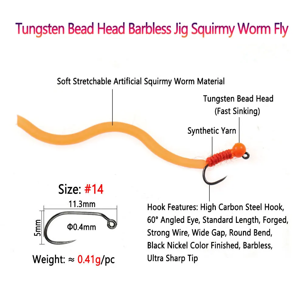 Bimoo 6PCS #14 Tungsten Bead Head  Jig Squirmy Worm Barbless Fly Fast Sinking San Juan Worm Fly Wet Fly For Trout Fishing Lures