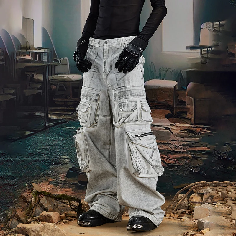 LUZHEN 2025 موضة جديدة خمر نمط مهترئ غسلها مستقيم البضائع الدنيم السراويل الرجال الشارع الأصلي جيوب كثيرة الجينز JY5027 #2