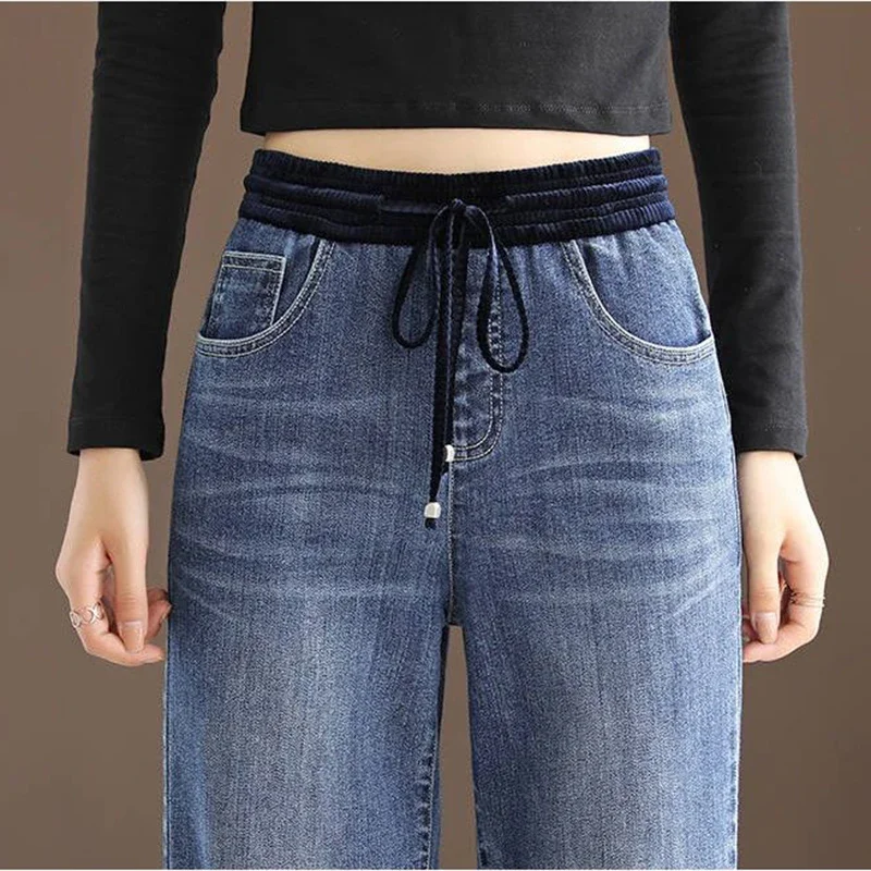 Women Winter Plus Velvet Vintage Wide Leg Jeans Thicken Baggy Vaqueros Pantalones High Waist Oversize 34 Warm Plush Denim Pants