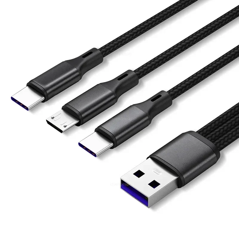 میں 1 USB چارج کیبل 3 Type-C 3 مائیکرو USB سپلٹر کورڈ فاسٹ چارجنگ 5A موبائل فون پاور بینک کے لیے ایک ساتھ 1.2m