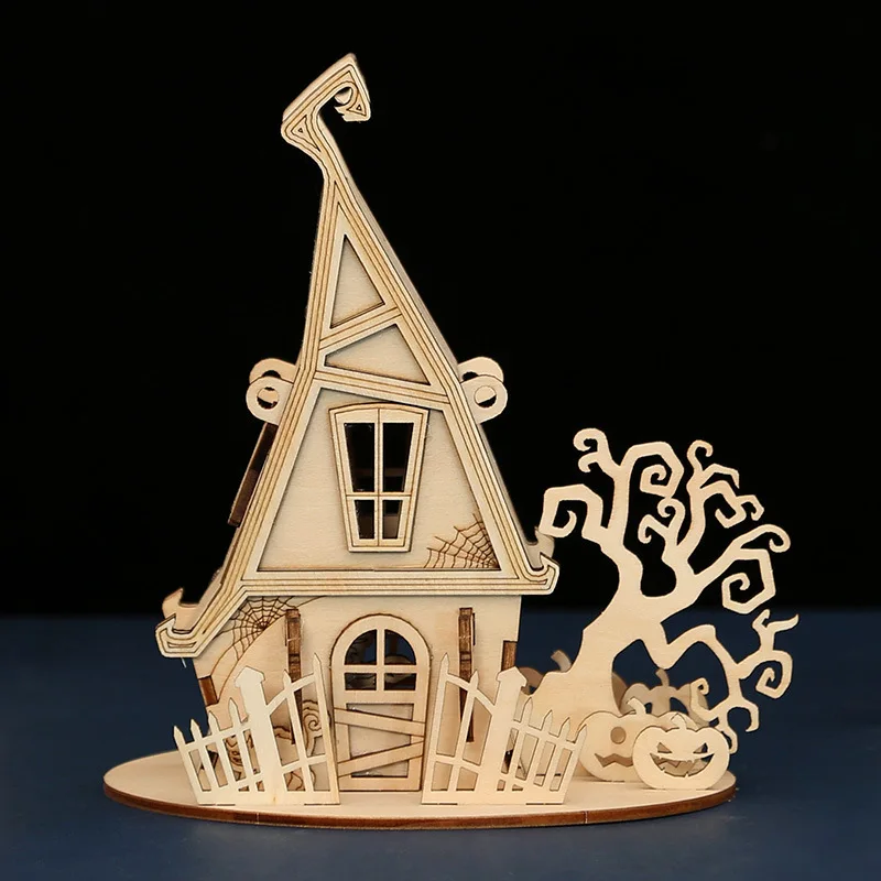 Halloween Haunted House 3D Wooden Puzzle,DIY Assembly SpookyCabin Model,Kids Handmade Educational Craft Party HomeDecorationGift