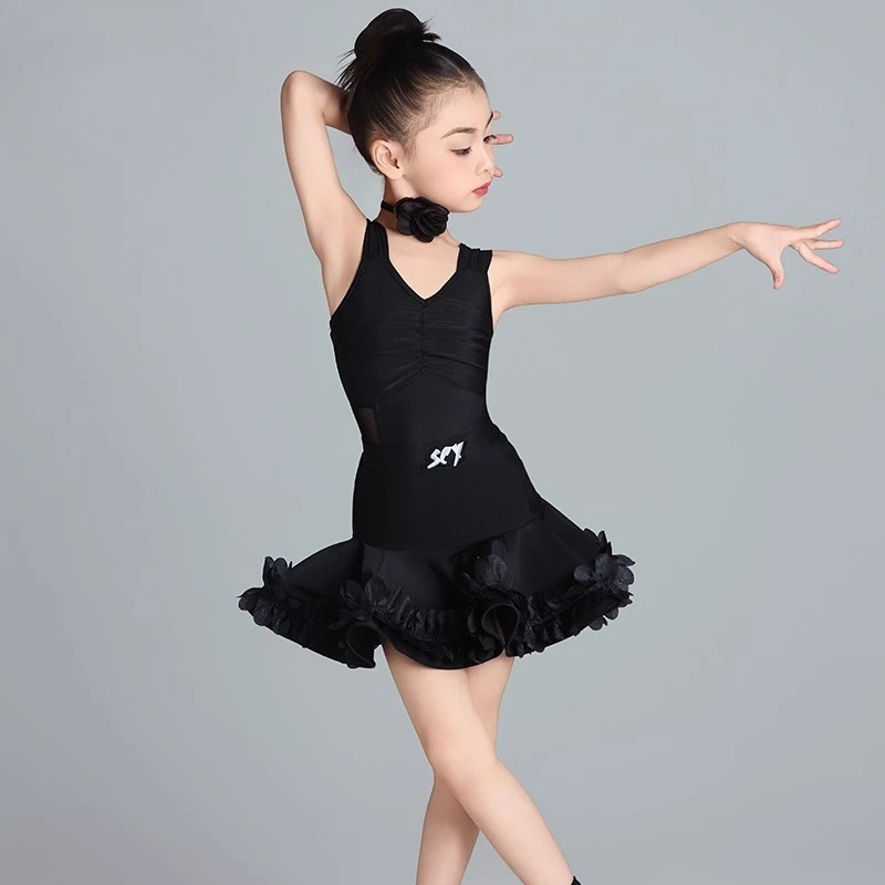 Costume de danse latine pour enfants, cha-cha, pour filles, jupe licou d'été, ensemble élégant de performance noir, nouvelle collection 2025
