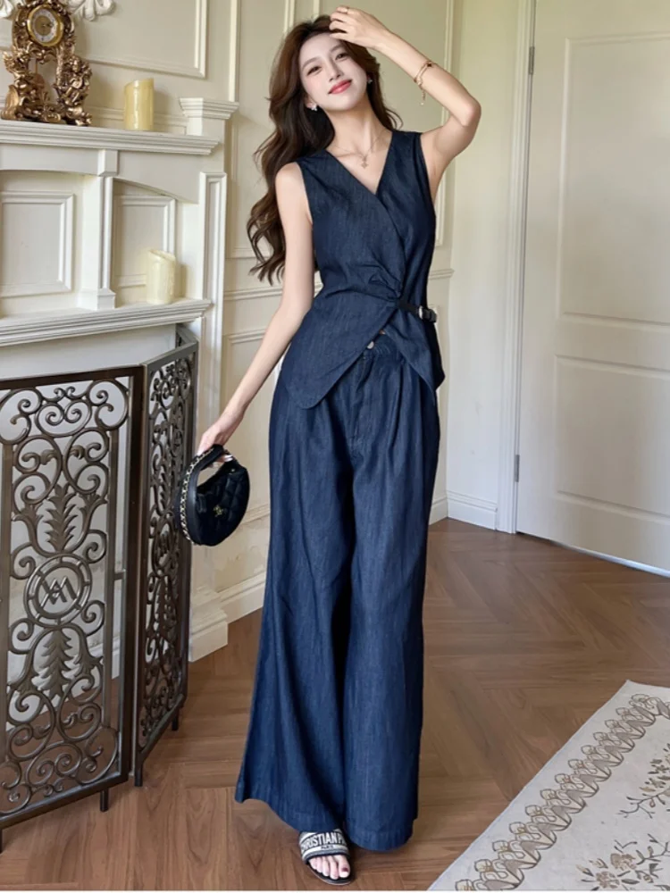 

Temperament Elegant Denim Two-Piece Set Women's Belt Buckle Waist Cinched Summer Vest+High Waist Wide Leg Pants 2 Piece Outfits