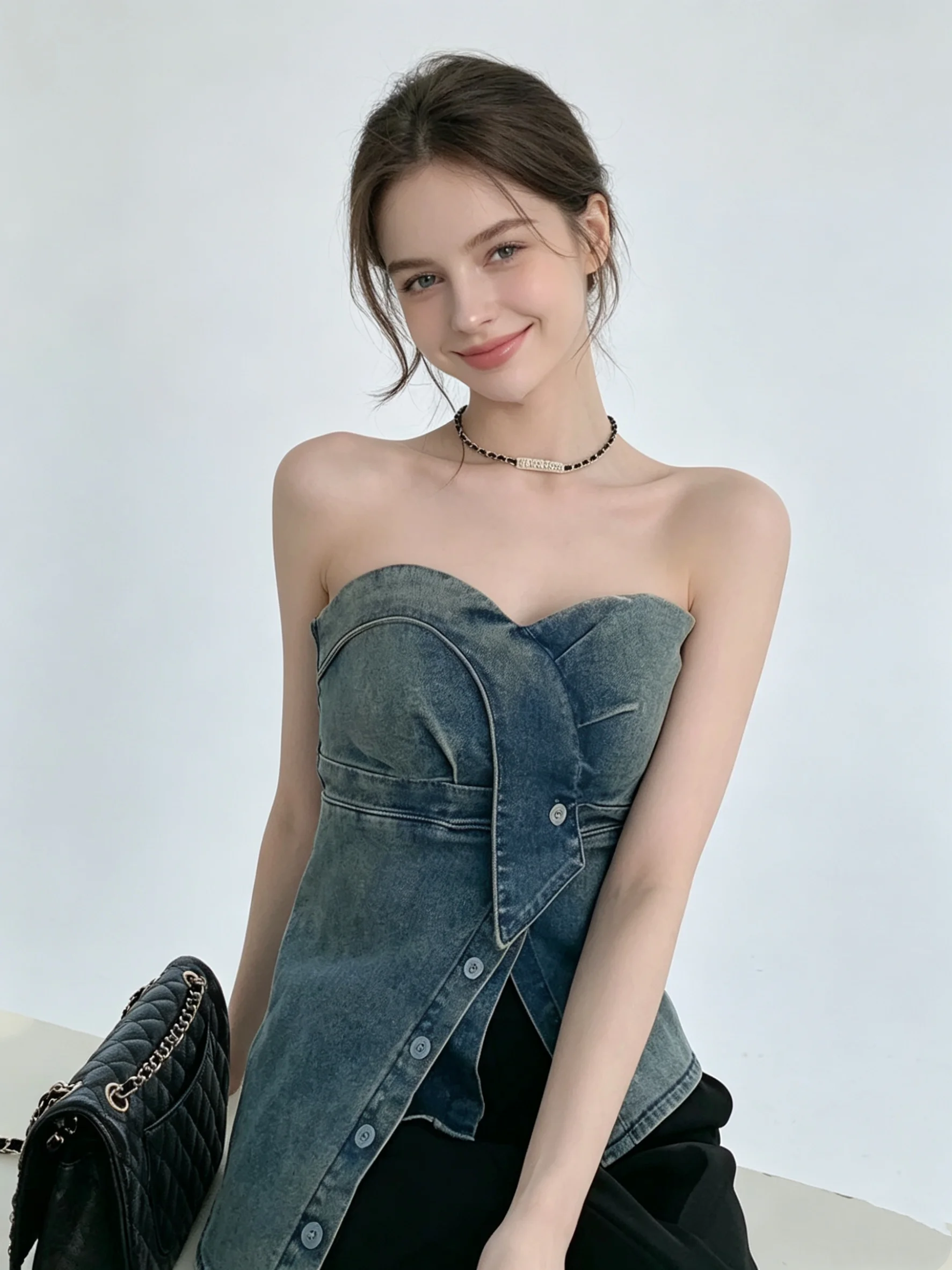 Women\'s Blue Crop Top Vintage Y2k Camisole 90s Aesthetic Streetwear 2000s Off Shoulder Sleeveless Tank Top Fashion 2024 Summer