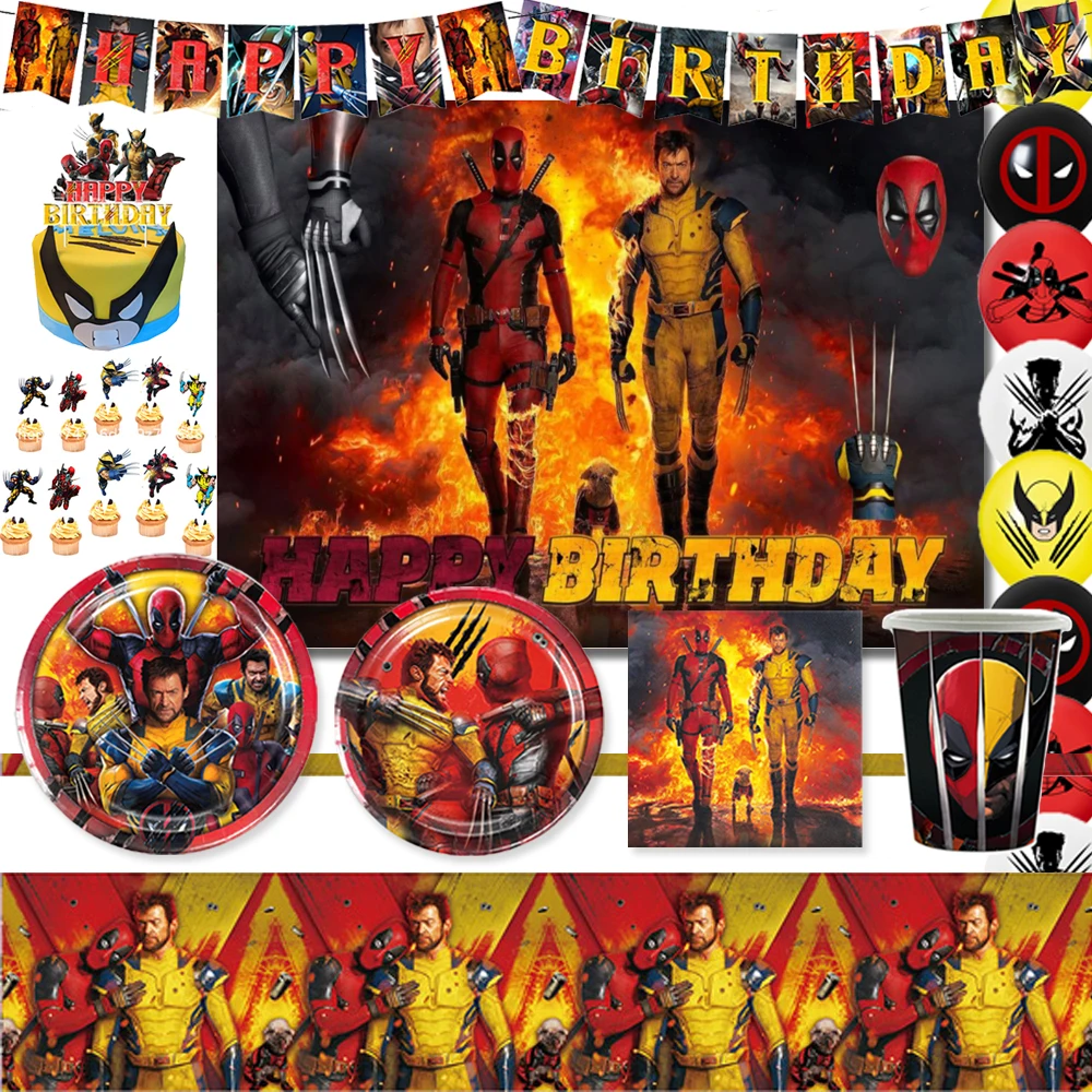 

Deadpool-and-Wolverine Theme Boys Birthday Party Disposable Tableware Plate Balloon Banner Background Decoration Supplies Gifts