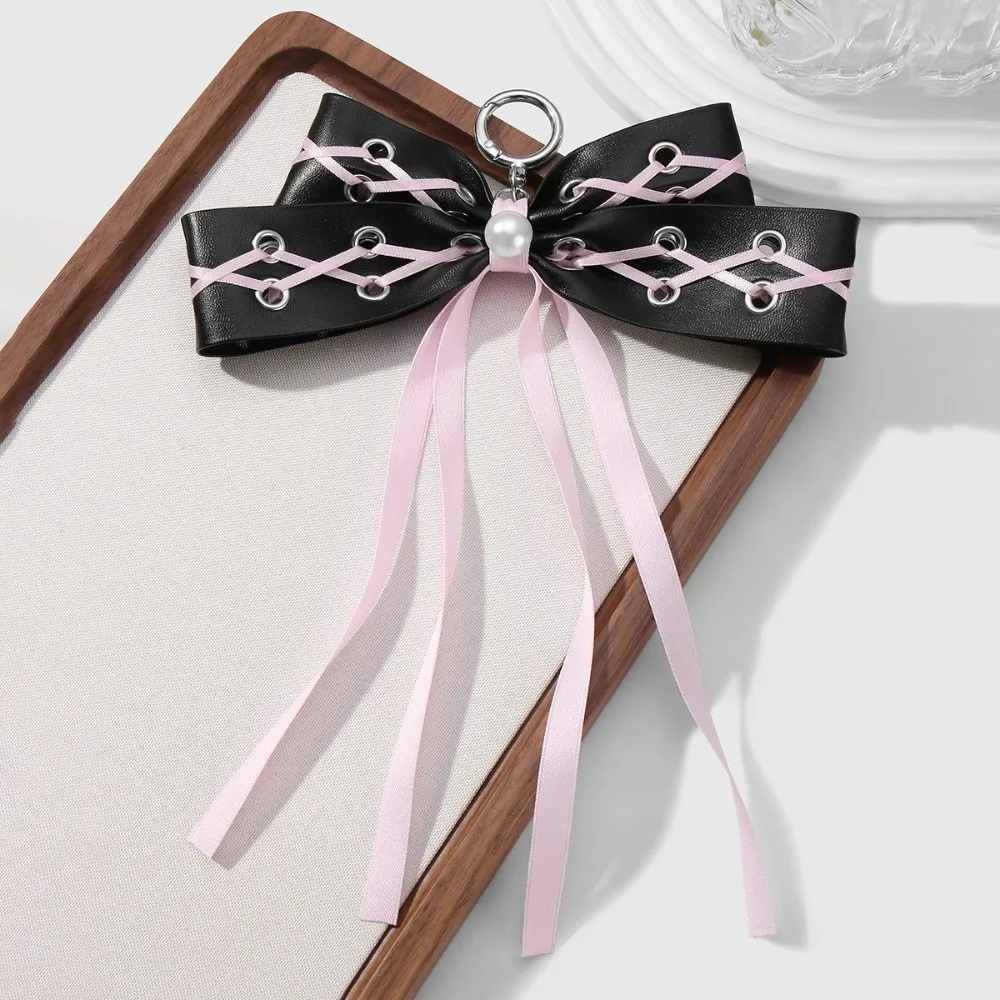 Fashion Star Rivet Bow Keychain PU Leather Ribbon Cross Pendant Punk Leopard Print Y2K Keyring Backpack Decor