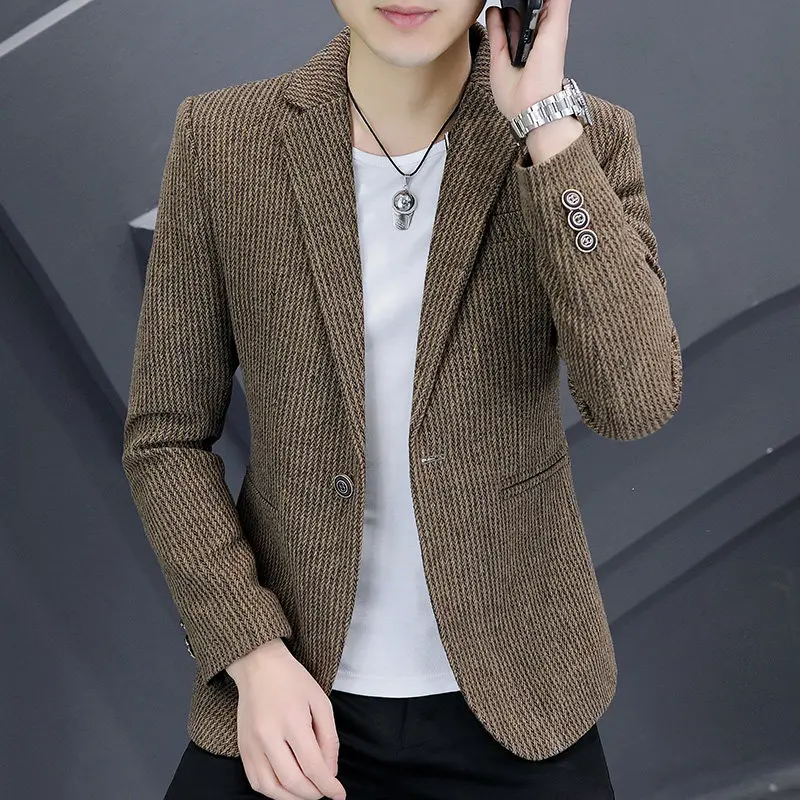 

Мужской приталенный костюм в полоску, корейский стиль, модный, осенний, новый, молодежный, куртка-пиджак, корейская мода, полиэстер, хлопок