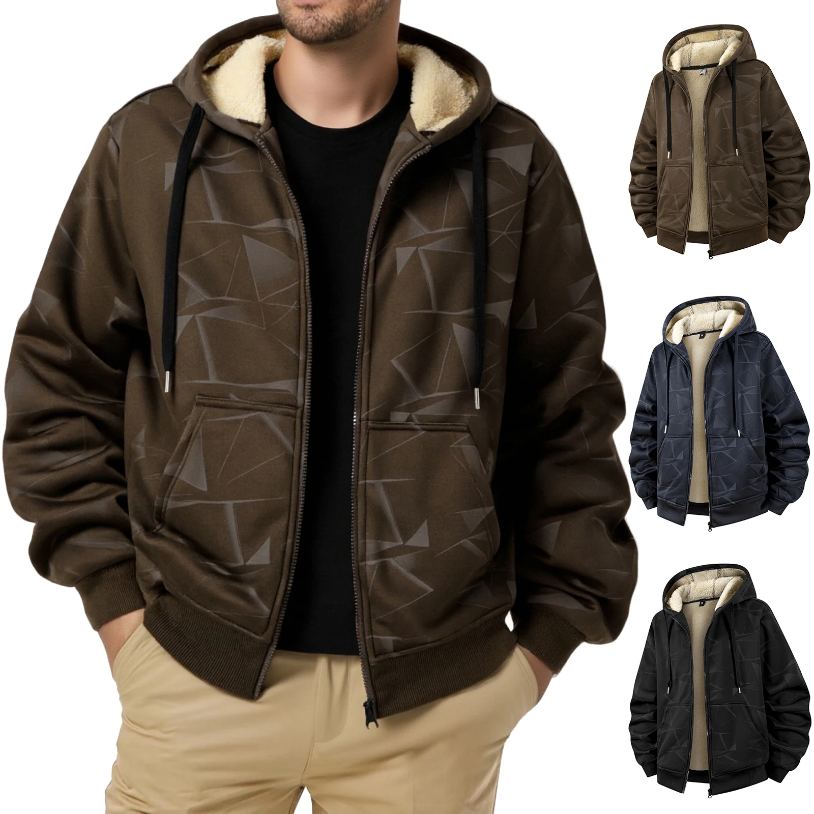 

Men's Casual Hooded Solid Color Long Sleeved Zippered Cardigan Hooded Jacket Men's Fleece Thickened Warm Loose Jacket