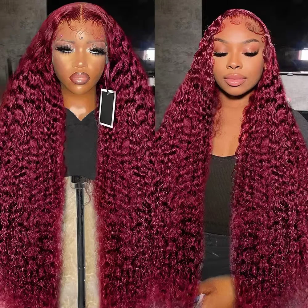 200 Density Deep Wave 99J Burgundy 13x6 Hd 100% Human Hair Lace Frontal Wigs 13x4 Curly 30 36 Inch Red Colored Lace Front Wig