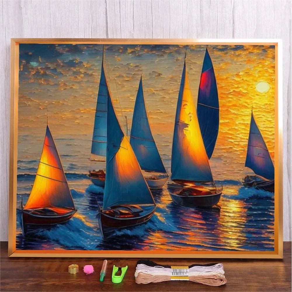 

Pre-Printed Cross Stitch Kit Sunset Sailboat Seascape DIY Embroidery Set Handicraft New Arrival Needle Craft Wall Art Home Decor