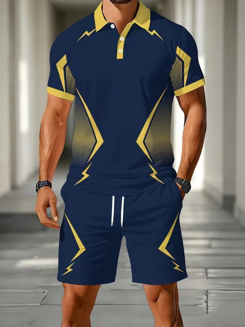 Black And White Contrasting Color Men's Business Casual Beach Sports Two-Piece Set Elastic Waist Sports Shorts Lapel Polo Shirts