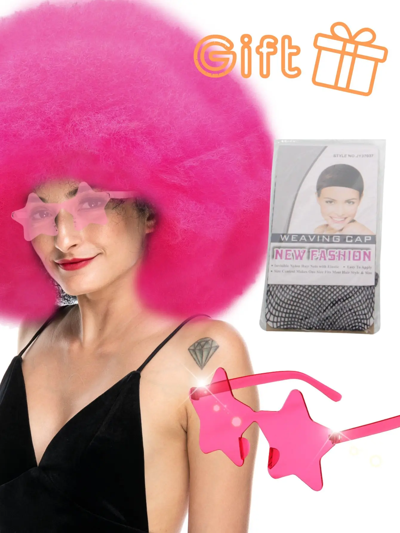 Oversized pluizig krullend haar pruik meerkleurig hittebestendig synthetische vezel met plus bril voor feest