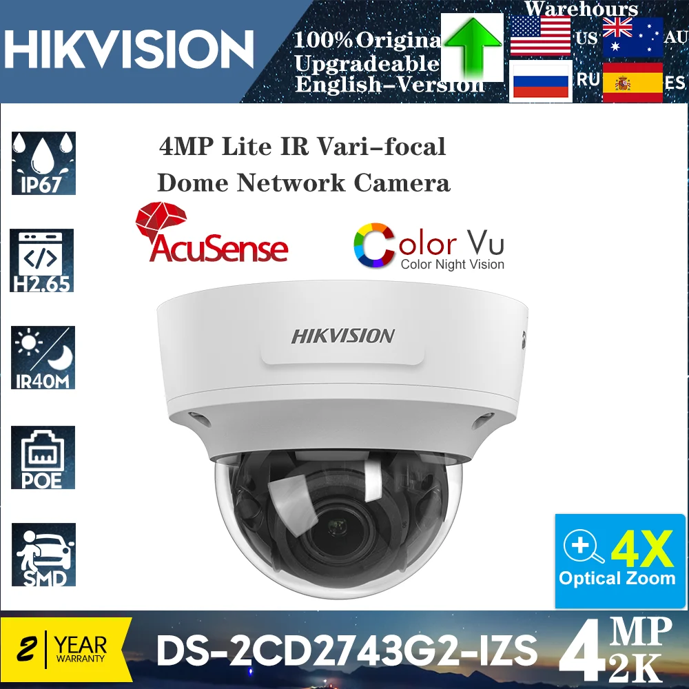 Original Hikvision 4MP POE ColorVu DS-2CD2743G2-IZS IP Camera 4X Zoom IR IP67 IK10 AcuSense Varifocal Dome Network Camera