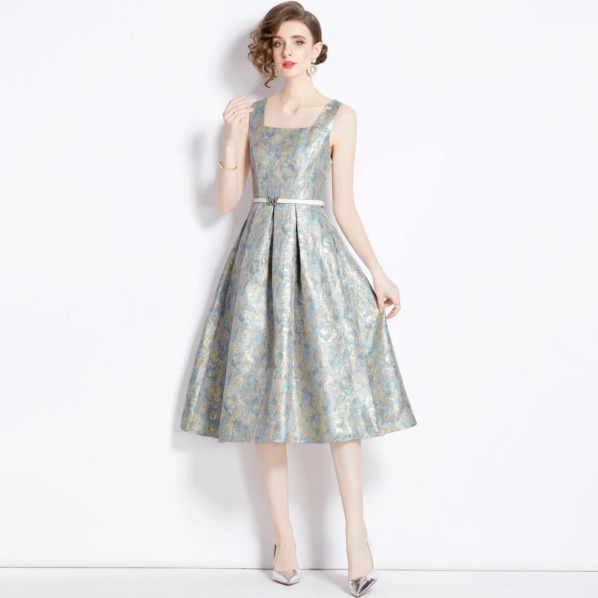 Sommer frauen Vintage Ärmelloses Maxi Kleid Square Neck Mit Gürtel A-linie Hohe Taille Kleid Party Weibliche Prom Kleider