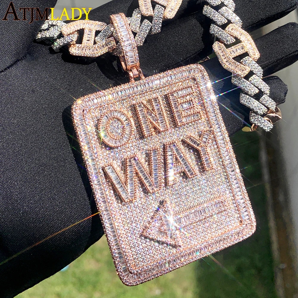 

Hip Hop Geometric Rectangle Letter One Way Pendant Necklace Full Paved Cubic Zirconia Iced Out Bling 5A Cz Men Boy Jewelry