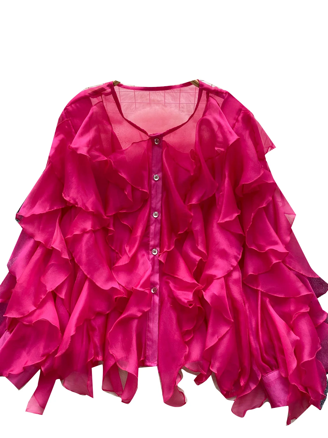 

Women's Long Sve irt Thin Transparent Design Sense Asymmetrical Lace Single Button up Cardigan Korean Sle Loose Fit