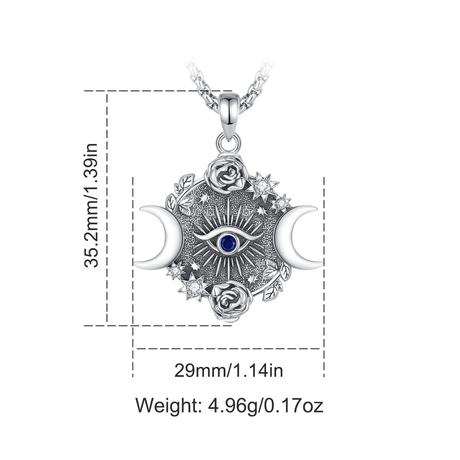 AEONSLOVE 925 Sterling Silver Triple Moon Goddess Necklace Vintage Evil Eye Rose Crescent Pendant Witch Pagan Jewelry for Women