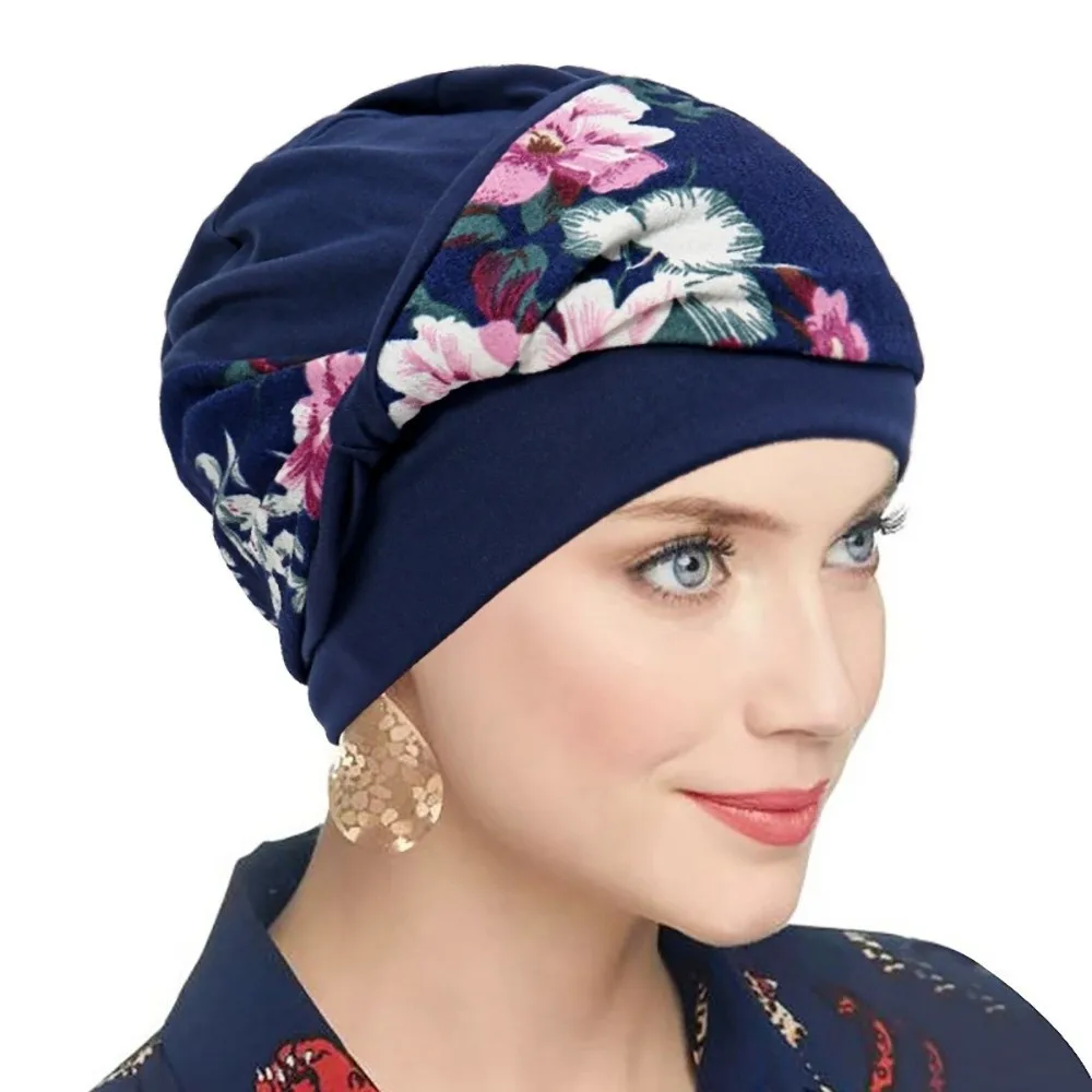 

Casual Flower Printed Knot Chemo Hat Stretchy Soft Chemotherapy Head Wraps Breathable Elastic Beanie Hats