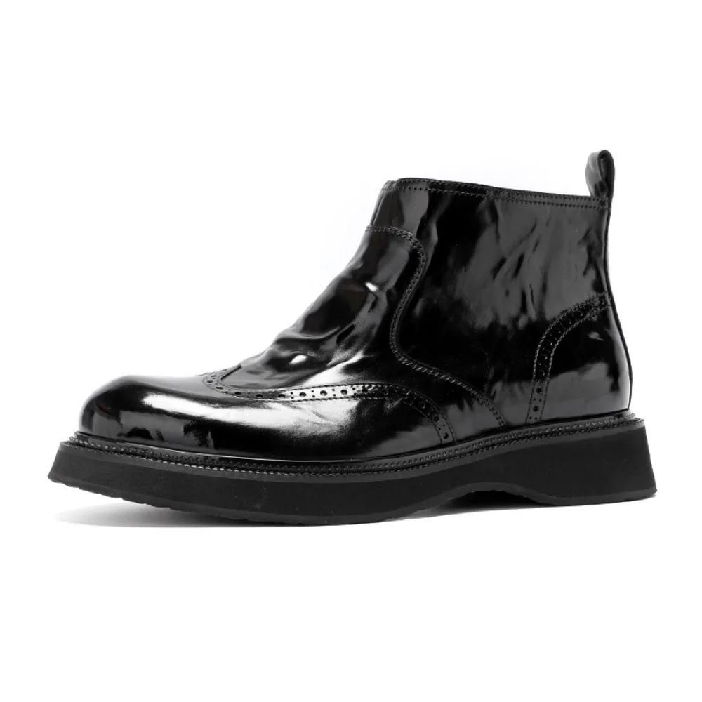 Premium Handmade Full Grain Split Calf Leather Thick Sole Height Increasing Boots Brogue Genuine Leather High Top Ankle Boots