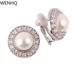 WENHQ New Arrival 18K Gold Color Cubic Zircon Pearl Stud Clip on Earrings for Women Fashion No Pierced Cuff Earrings Ear Clip