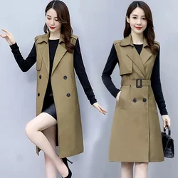 Women Tank Top Coat New Spring Autumn Jacket Korean Belt Solid Sleeveless Vest Long Windbreaker Female Waistcoat Outerwear 5XL