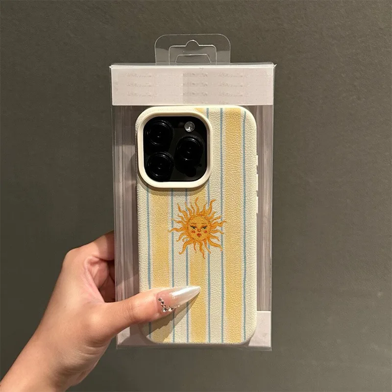 A Yellow Striped Cartoon Sun Pattern Phone Case with a Lychee Texture, Suitable for iPhone 17, 16, 15, Plus, Pro, Max Series Phones—Can Be Used as a Gift
