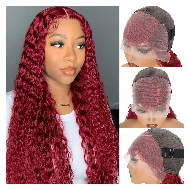 13x6 99j Bordeaux Kant Voor Pruiken Menselijk Haar Diepe Golf 250 Dichtheid Transparante Frontale Pruiken Pre Geplukt Rood Krullend Pruiken voor Vrouwen - afbeelding 2