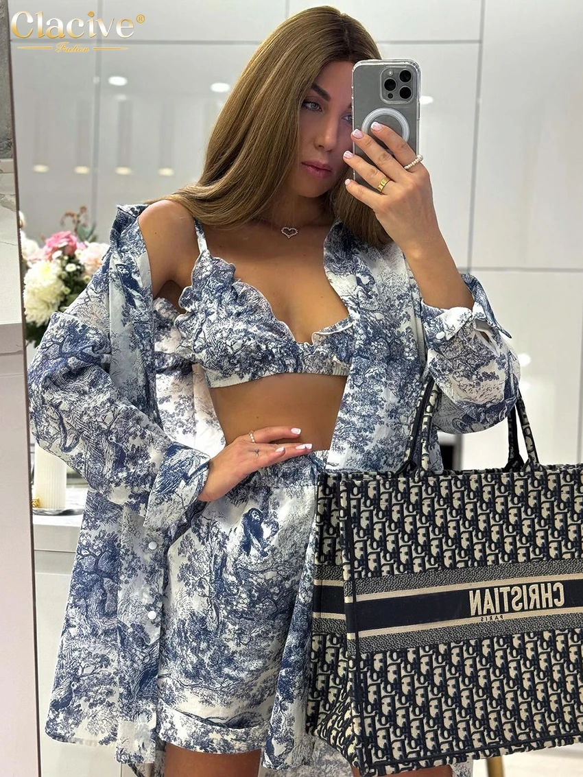 Clacive Fashion Loose Print 3 Piece Sets Women Outfit 2024 Elegant Long Sleeve Shirt + Bra With High Waist Shorts Set Streetwear