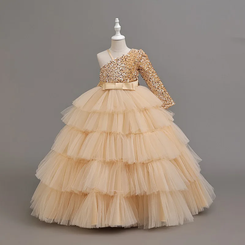Girls' birthday dress 2026 New Fashionable one shoulder girls' long skirt wedding flower girl dress Teenage dress