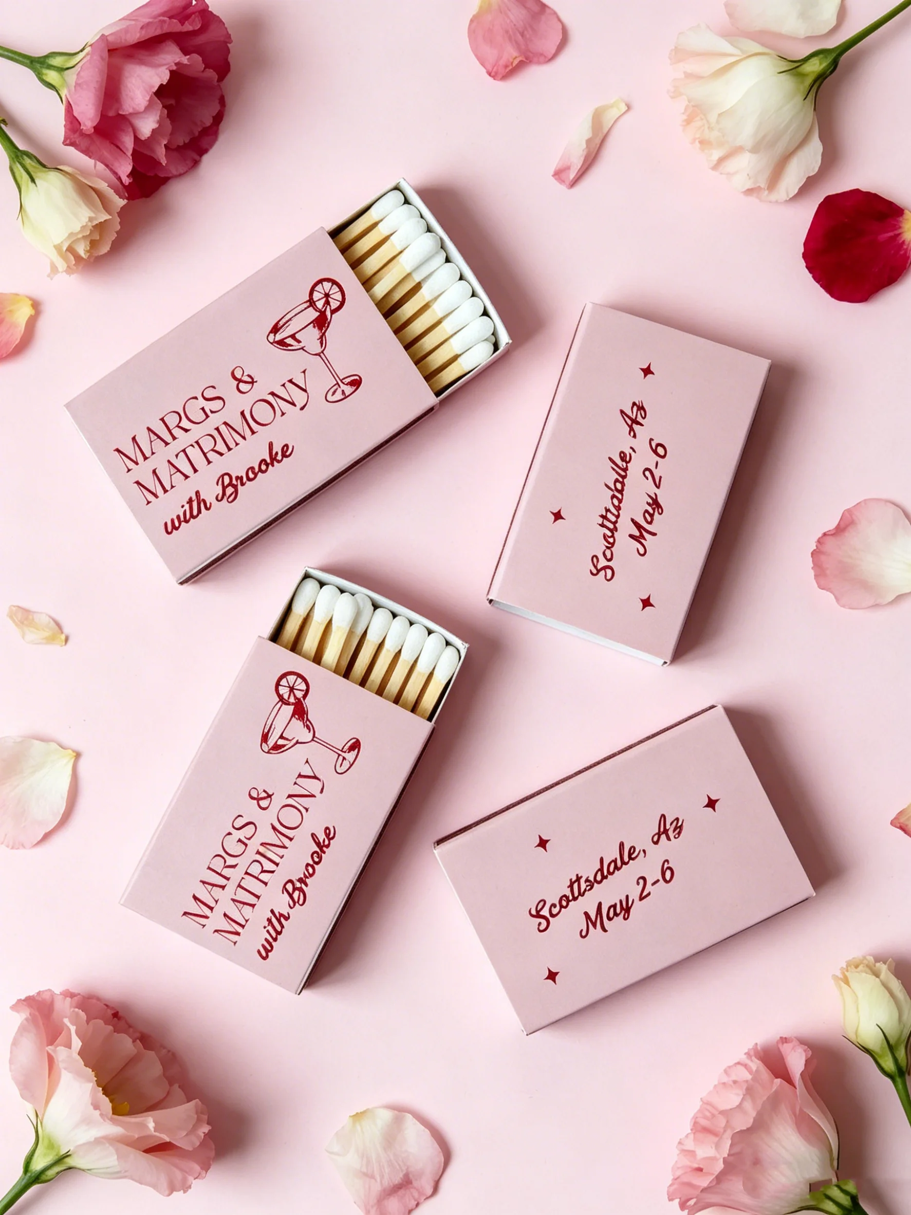 

Margs and Matrimony Bachelorette Party Personalized Match Boxes Custom Foil Stamped Wedding Favors