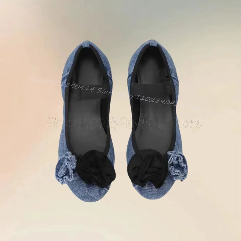 Blue Denim Appliques Decor Round Toe Pumps Elastic Band Women Shoes Low Top Novel Fashion Party Banquet 2024 Zapatos Para Mujere