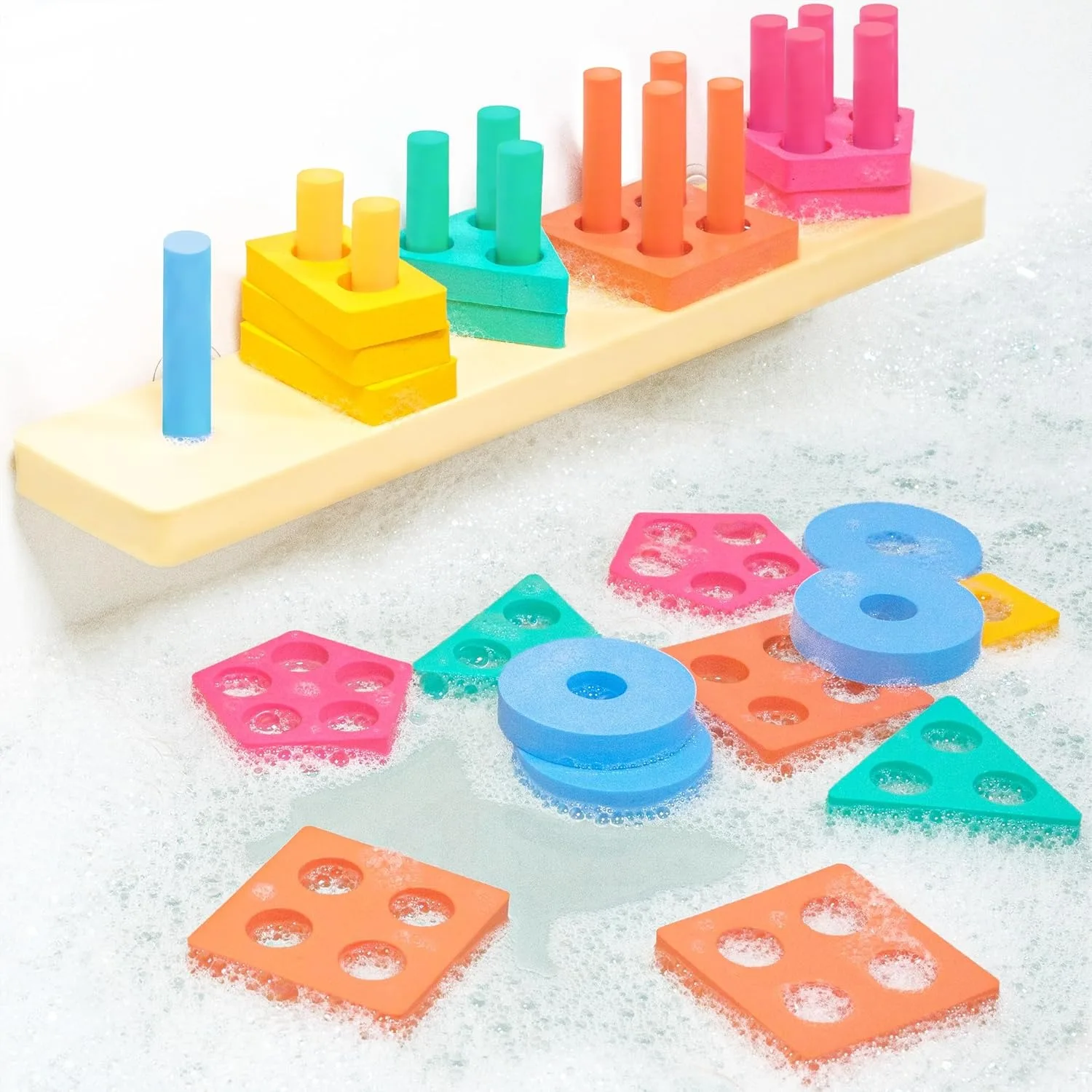 

Shape Sorter & Stacking Toddler Bath Toy, 20 Foam Pieces Float & Stick to Tub Walls, Color Sorting & Stacking Kids Bath Toys for