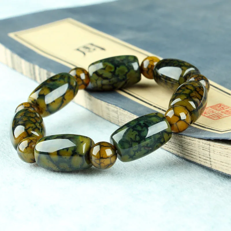 Green Dragon Pattern Celestial Bead Bracelet Large Celestial Bead  with 2 Large Drum Beads for Magnificent Men's Bracelet