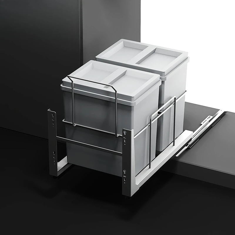 Kitchen embedded trash can cabinet food waste double bucket household with lid pull basket hidden classification cleaning bucket