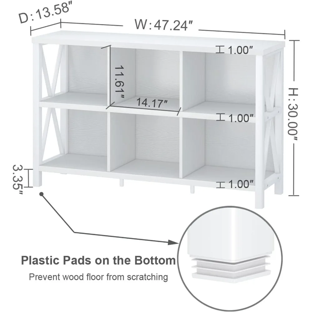 Bookcase with Long Wood and Metal Cubby, 6 Cube Storage Organizer, 100% Not Wobble, Super Easy To Assemble, Bookshelves