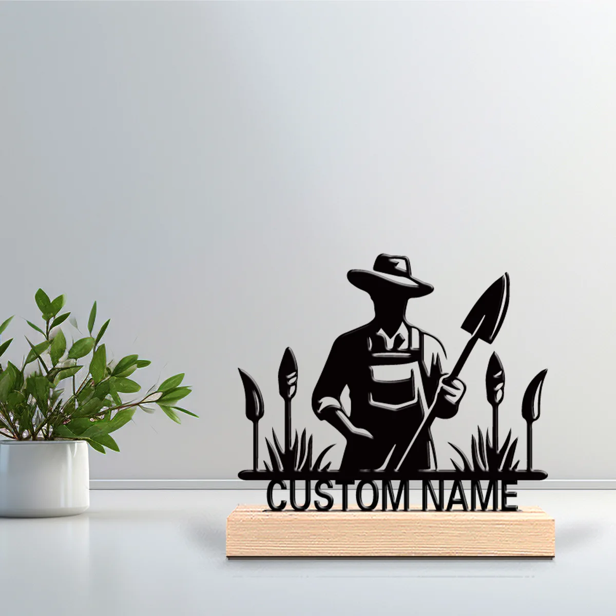 1pc Minimalist Farmer Silhouette Custom Text Tin Statue Metal Ornament With Wood Base Metal Sculpture With Wood Base Office Desk