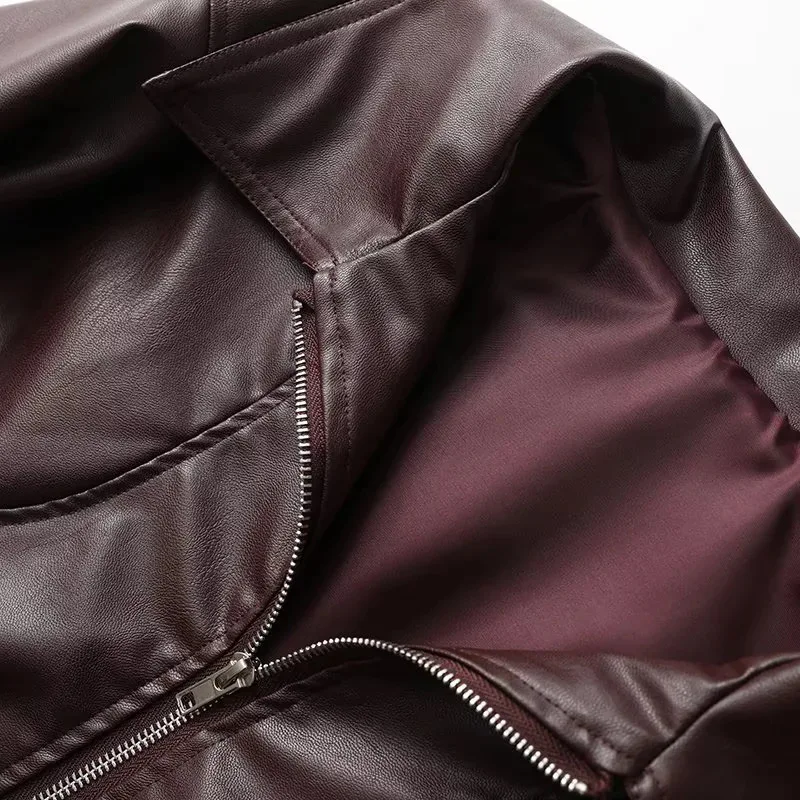 Lockere Damen-Jacke aus Kunstleder mit Stehkragen, amerikanischer Stil, Oberbekleidung, modische Streetwear, Transoceanal Export