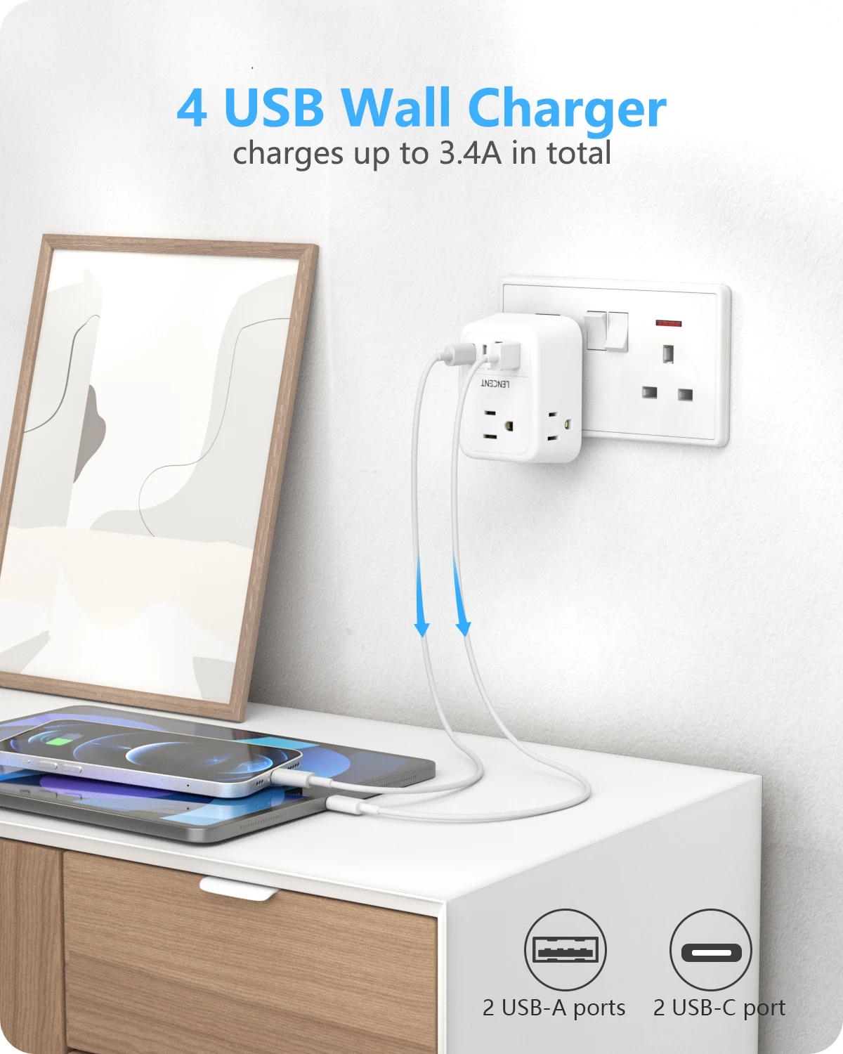 Encent-国際タイプg電源プラグアダプター、旅行用usからukへ、4コンセント付き電源アダプター、2usb-c、5v、3a